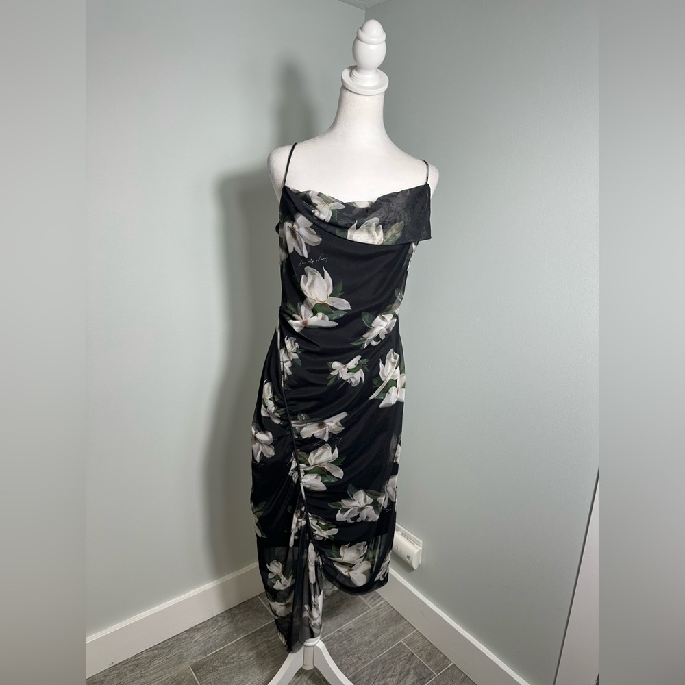 All Saints Midi Floral Asymmetrical Ulla Alessandra Black Sleeveless Dress Sz8 - Picture 3 of 17